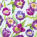 Papel decorativo com padrão de tulipas roxas e lilás com folhas verdes