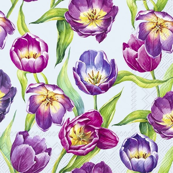 Papel decorativo com padrão de tulipas roxas e lilás com folhas verdes