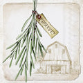 Ramo de alecrim verde pendurado com etiqueta 'ROSEMARY' e desenho de celeiro antigo ao fundo