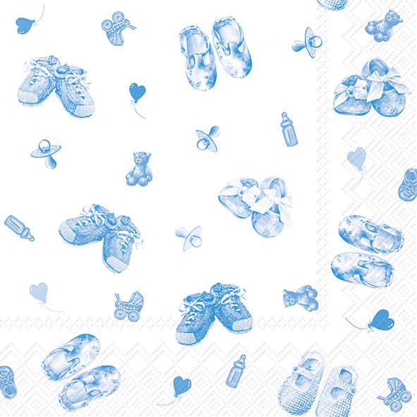 guardanapo de papel decorativo com padrão azul de sapatinhos de bebé e acessórios