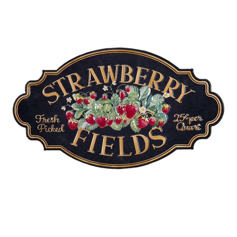 Selo decorativo com ilustração de morangos e texto 'STRAWBERRY FIELDS Fresh Picked 25¢ per Quart'