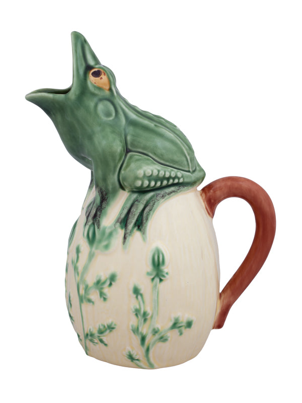 Jarro de cerâmica decorativo com tampa em forma de rã e padrões de plantas