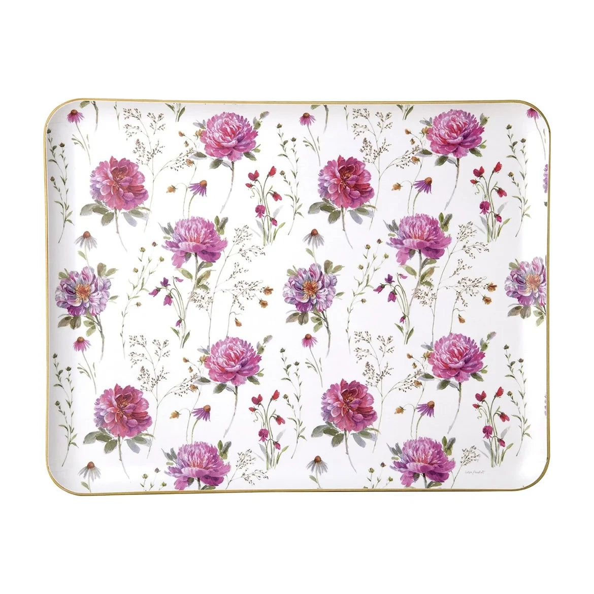 Tabuleiro retangular com flores rosas e roxas sobre fundo branco
