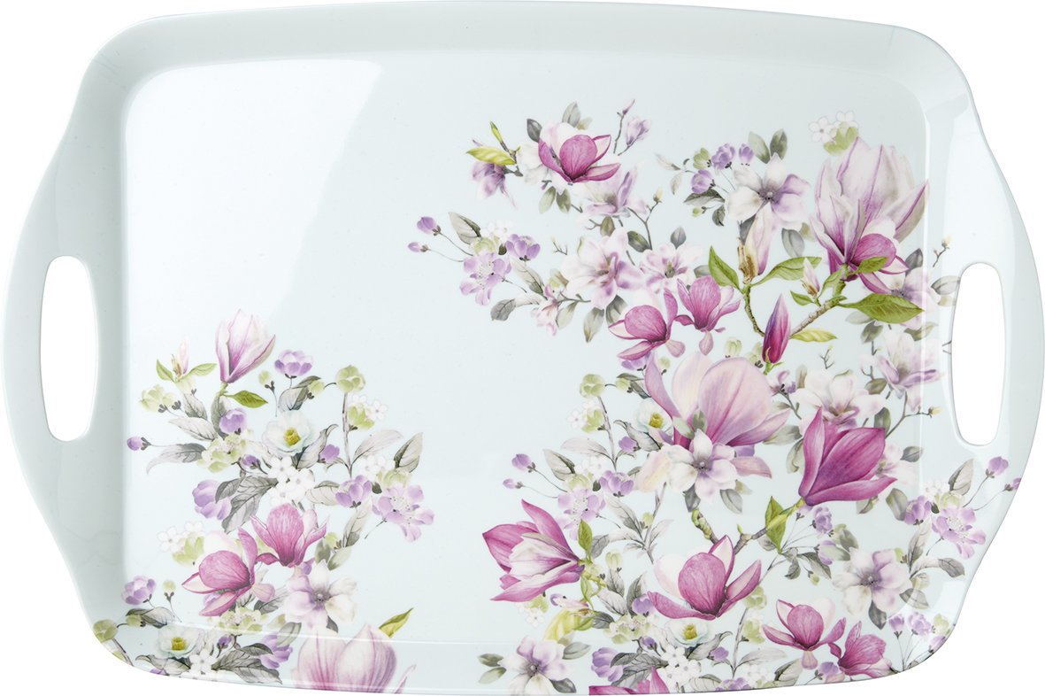 Tabuleiro branco com padrão floral rosa e lilás