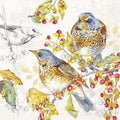 Desenho de pássaros e ramos com bagas coloridas e folhas sobre fundo branco