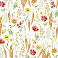 Padrão com cenouras, flores coloridas e borboletas amarelas em fundo branco