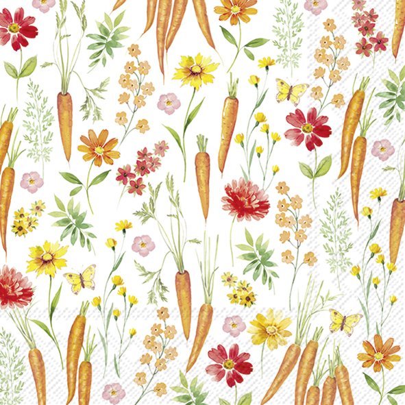 Padrão com cenouras, flores coloridas e borboletas amarelas em fundo branco