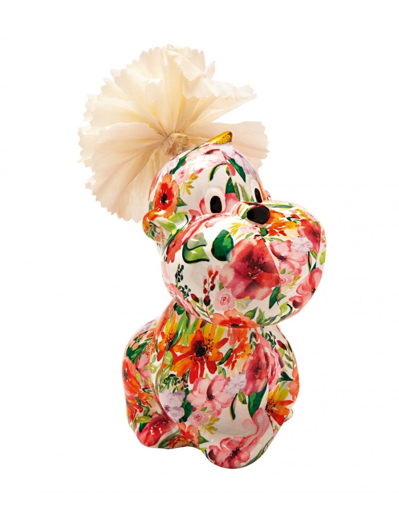 Boneco decorativo de cão em cerâmica com padrão floral colorido e pompom branco