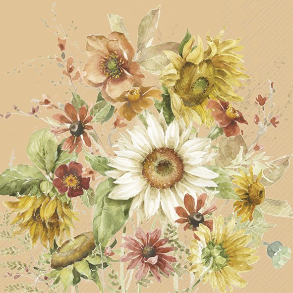 Padrão floral em aguarela com flores amarelas, brancas e castanhas sobre fundo bege
