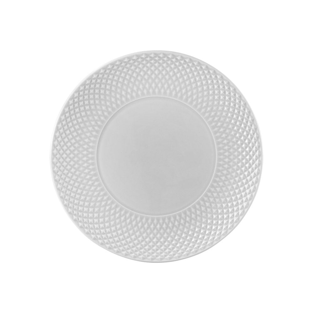 Prato branco redondo com borda texturizada geométrica