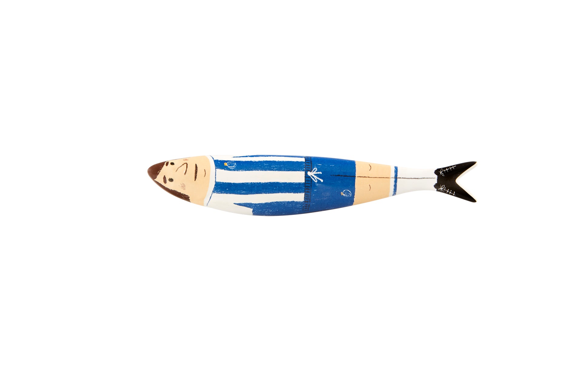 Boneco decorativo em forma de peixe com roupa azul e branca