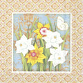 Papel decorativo com flores amarelas e brancas, borboleta e padrão floral bege