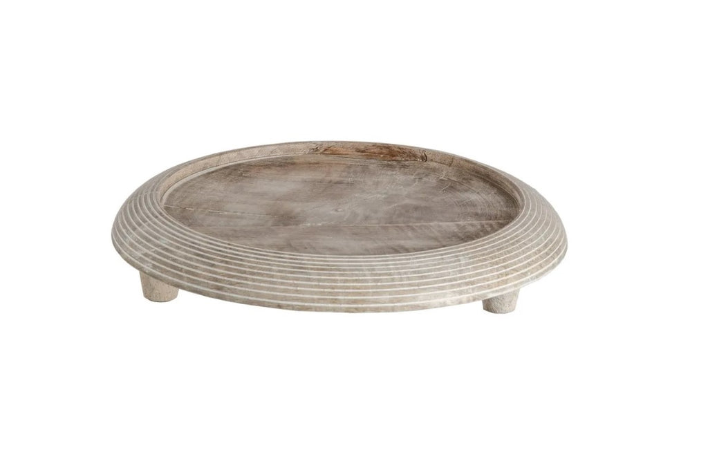 Base decorativa redonda em madeira com acabamento rústico cinzento e branco