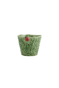 Vaso verde em cerâmica com relevo de folhas e joaninha vermelha.
