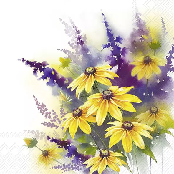 Bouquet de flores amarelas e roxas em estilo aguarela sobre fundo branco