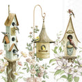 Casas de pássaros decorativas em madeira com pássaros e flores