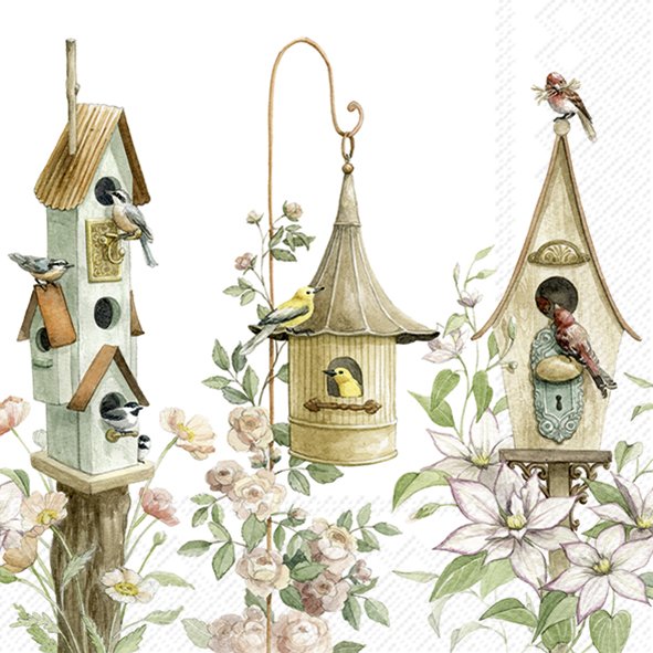 Casas de pássaros decorativas em madeira com pássaros e flores