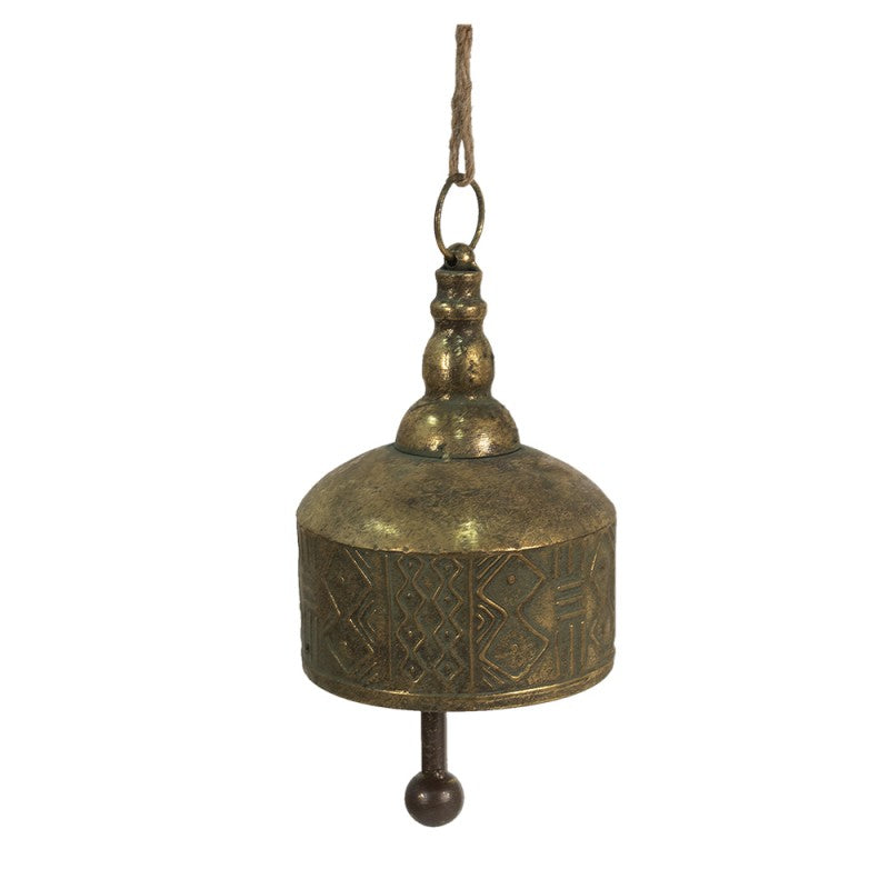 Sino decorativo em metal dourado com padrão gravado e corda de suspensão.