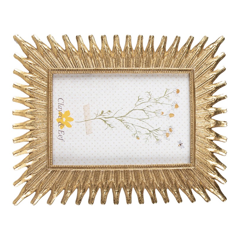 Moldura dourada decorativa com fotografia de flores e texto 'Classic Elf'