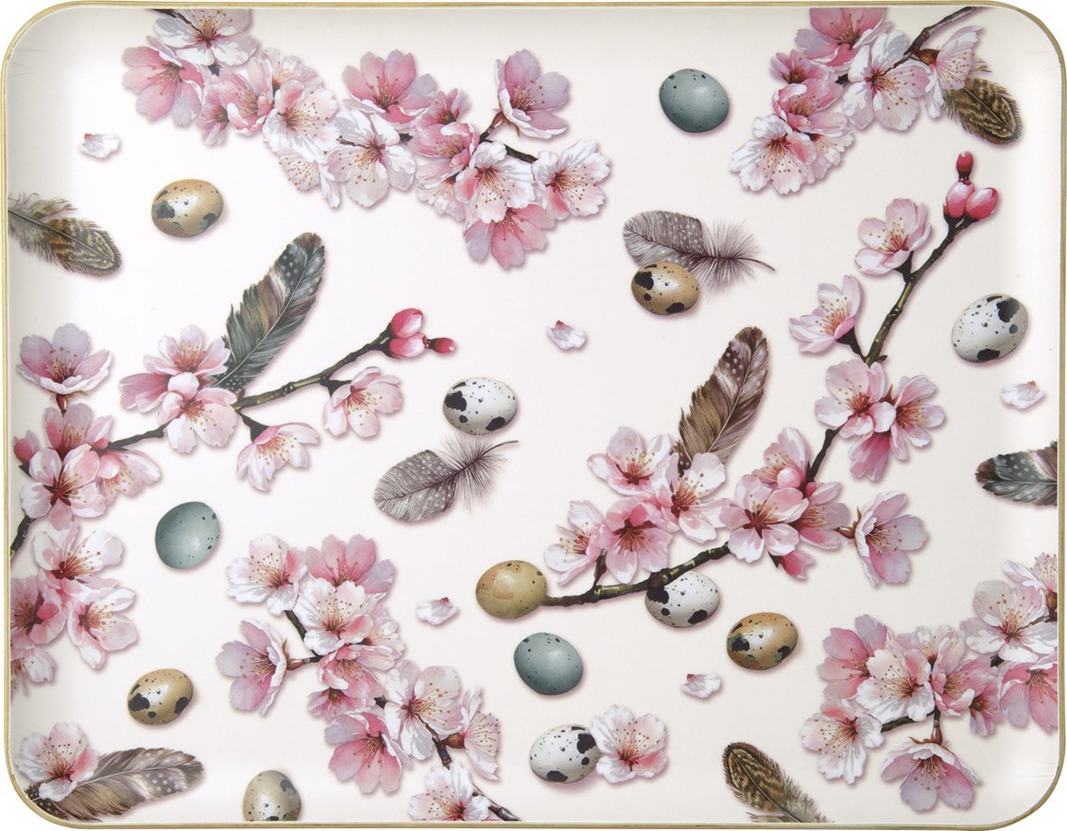 Tapete com design floral, ovos coloridos e penas sobre fundo branco