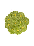 Tapete redondo verde com flores amarelas e textura aveludada