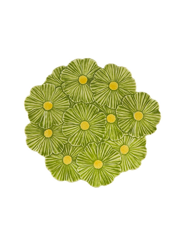 Tapete redondo verde com flores amarelas e textura aveludada