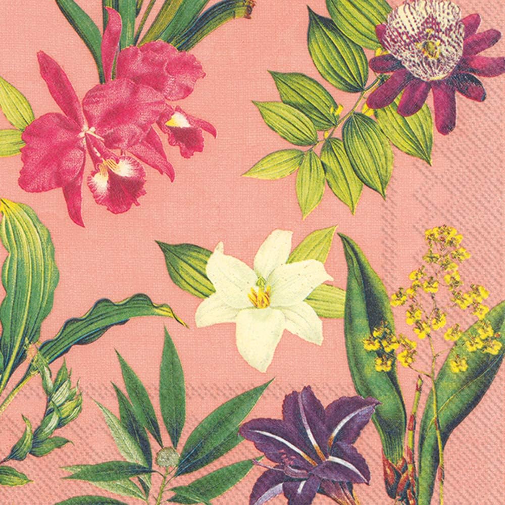 Tecido com padrão floral multicolorido em fundo rosa