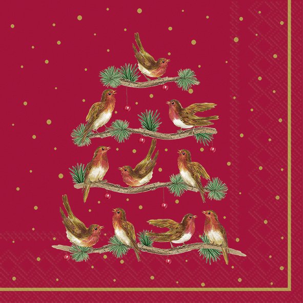 guardanapo vermelho com pássaros castanhos e brancos e galhos verdes formando árvore de Natal