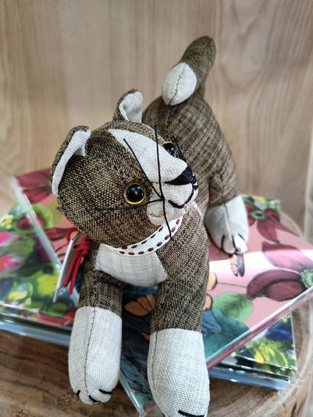 Pelúcia de gato marrom e bege em tecido sobre livros coloridos