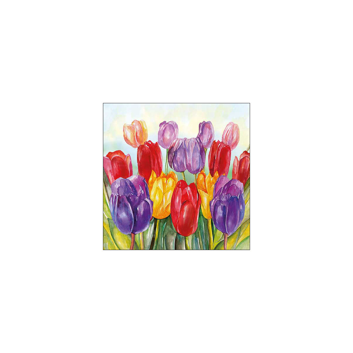 Pintura colorida de tulipas em várias cores com textura de pinceladas