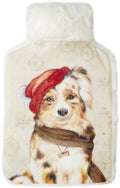 Saco de água quente com desenho de cão com gorro vermelho e cachecol castanho