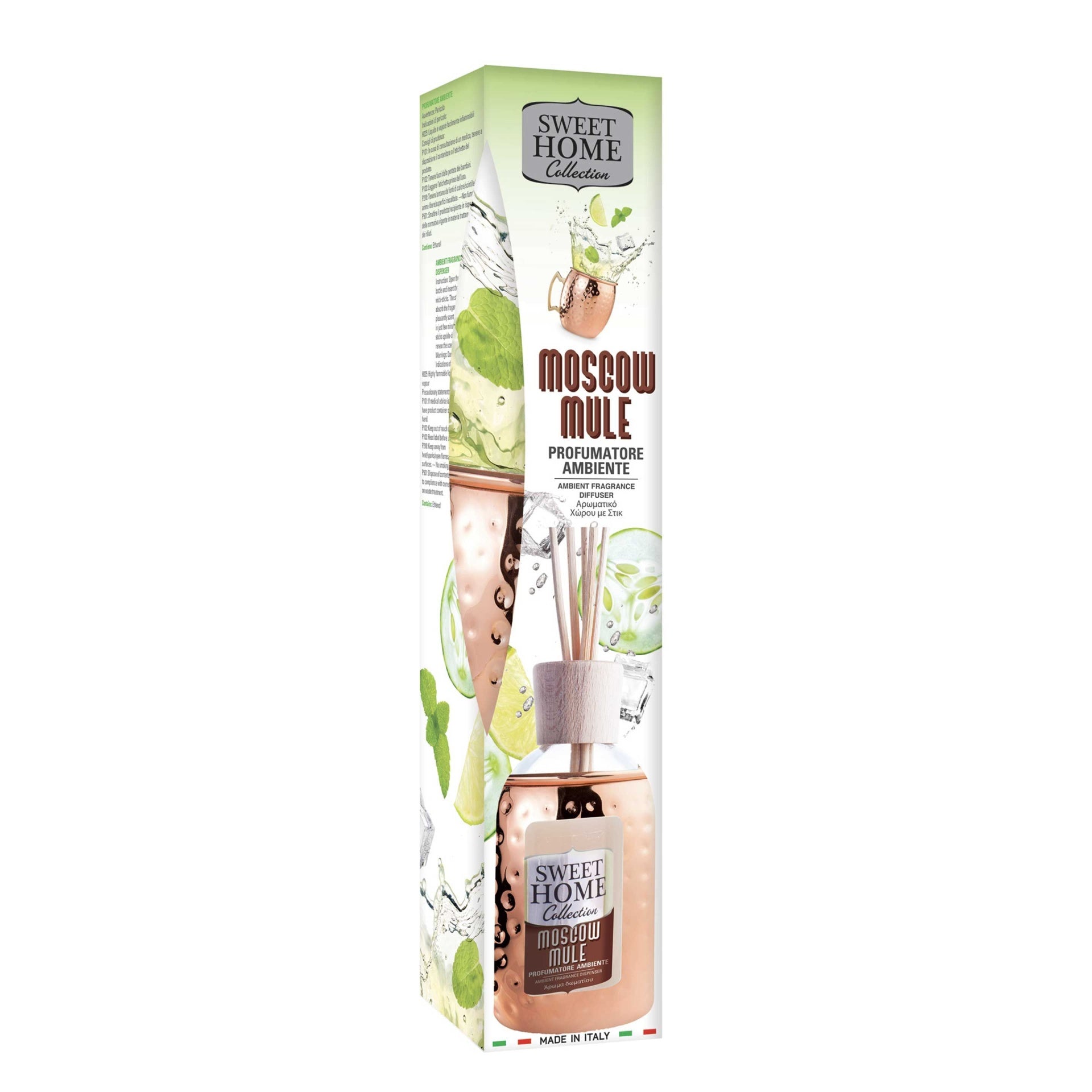 Frasco de essência para ambiente Sweet Home Moscow Mule em caixa branca com ilustrações e varetas