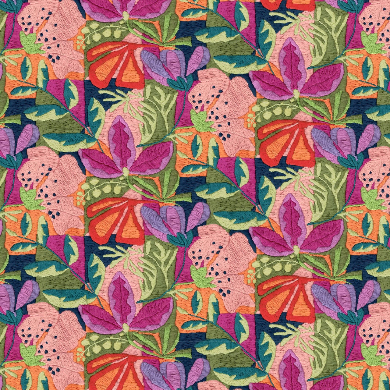 Pano têxtil com padrão florido colorido e textura tecida