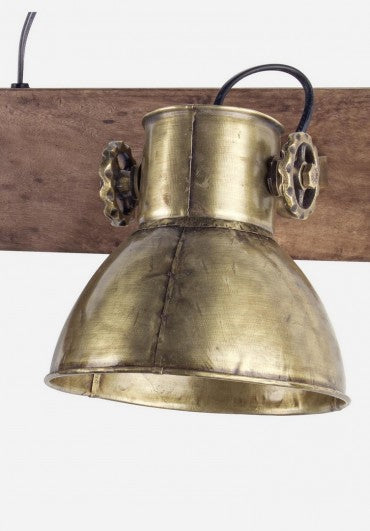 Candeeiro de teto metálico dourado envelhecido com barra de madeira