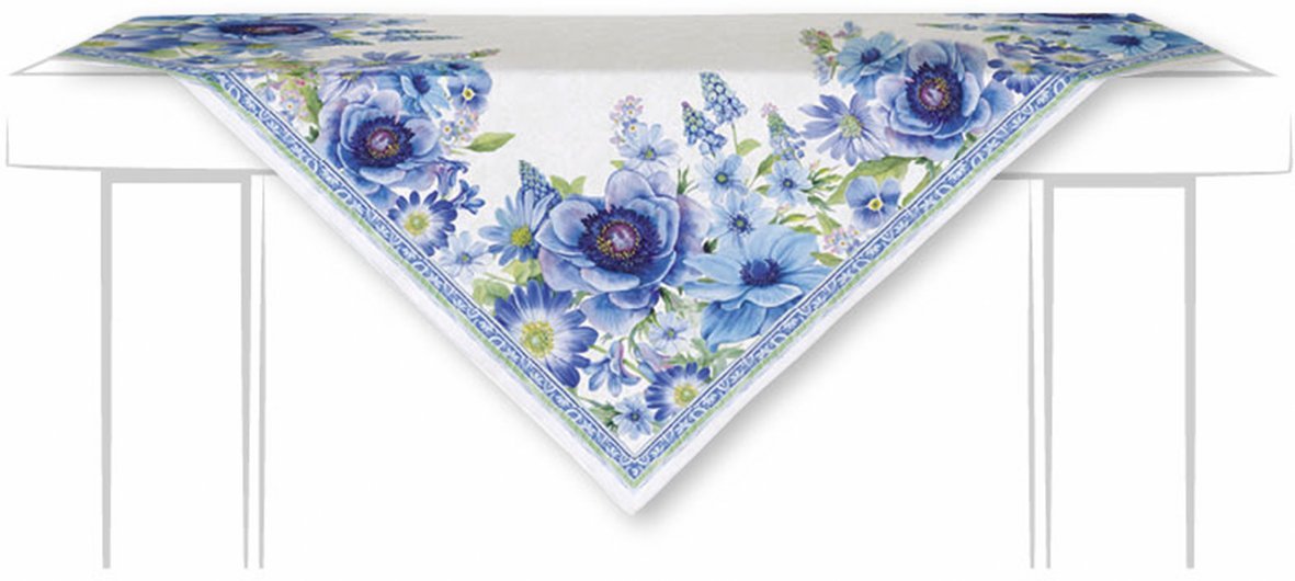 Toalha de mesa branca com padrão floral azul