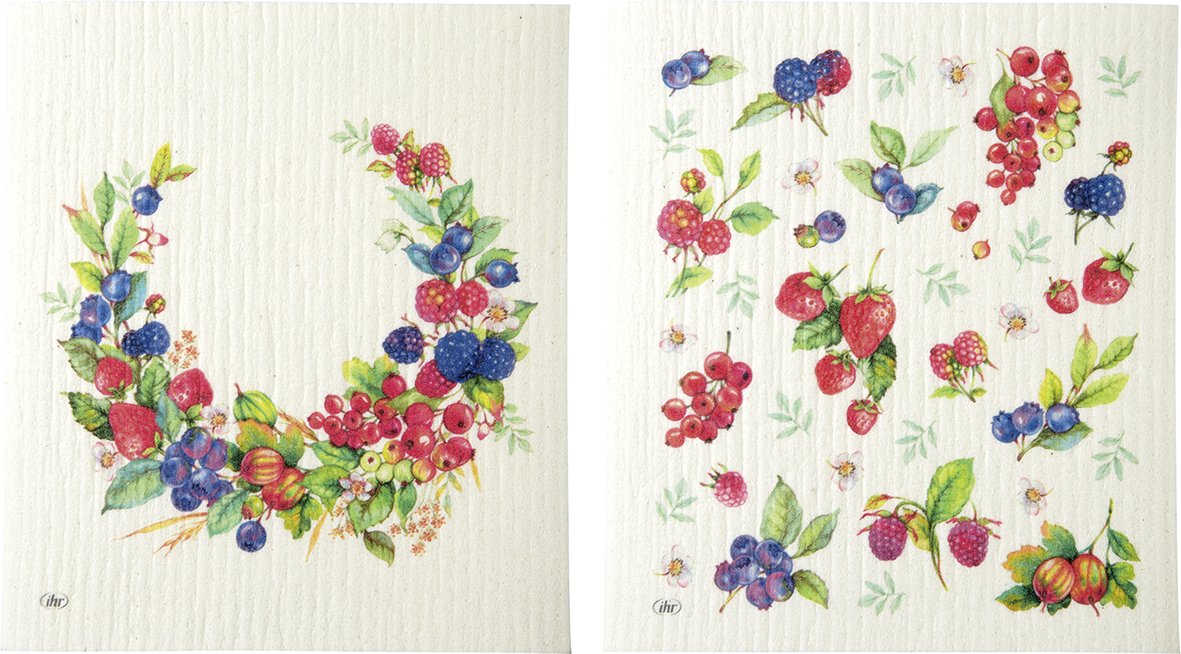 Toalhas de papel com estampas de frutas coloridas sobre fundo branco texturizado