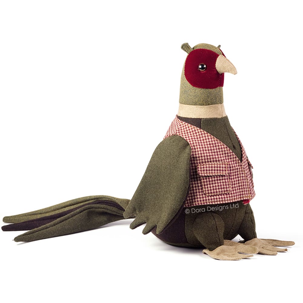Pelúcia de faisão verde com colete xadrez vermelho e branco