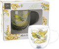 Conjunto de chávena de vidro com estampa de pássaro amarelo e flores
