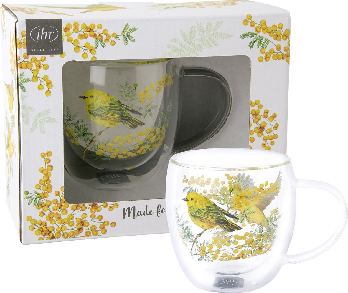 Conjunto de chávena de vidro com estampa de pássaro amarelo e flores