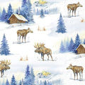 Padrão de tecido com alces, cabanas, árvores e montanhas ao fundo em neve