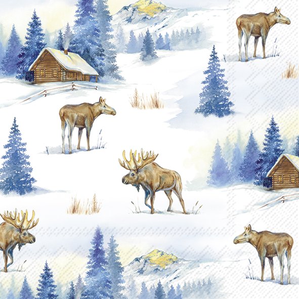 Padrão de tecido com alces, cabanas, árvores e montanhas ao fundo em neve