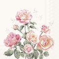 Guardanapo com estampa de rosas rosa e creme com folhas verdes e padrão geométrico em fundo branco