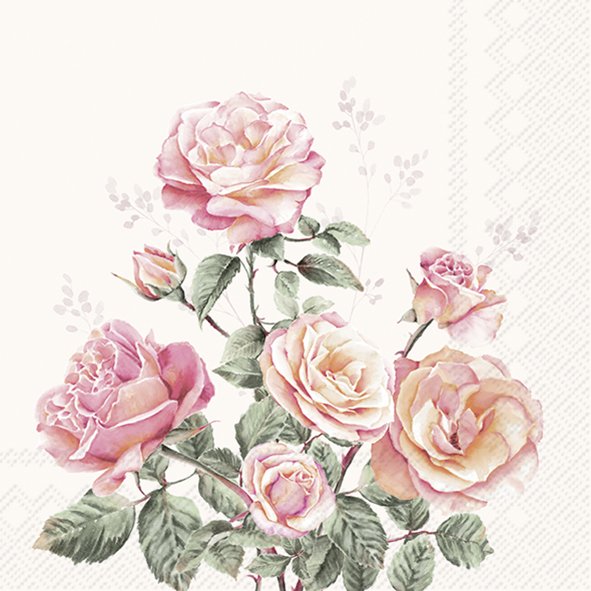 Guardanapo com estampa de rosas rosa e creme com folhas verdes e padrão geométrico em fundo branco
