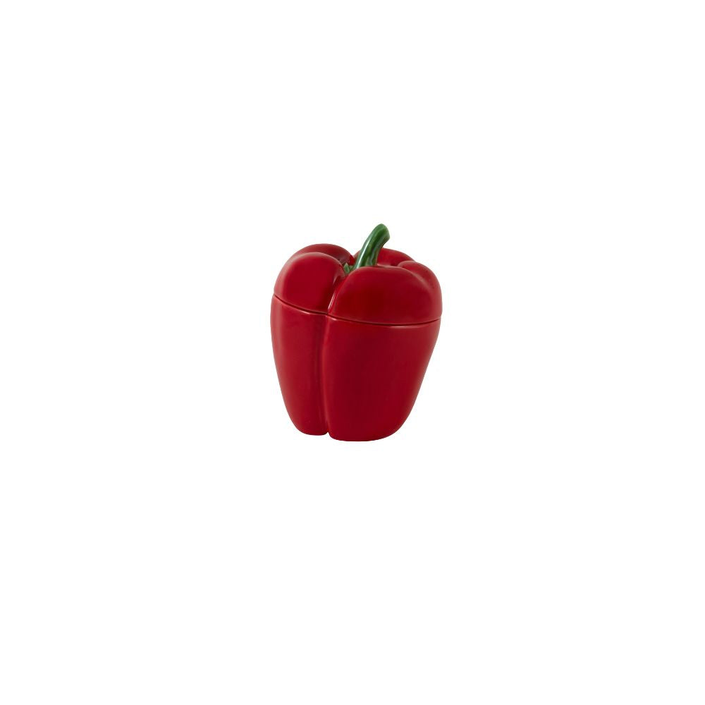 Recipiente em forma de pimento vermelho com tampa e pé verde