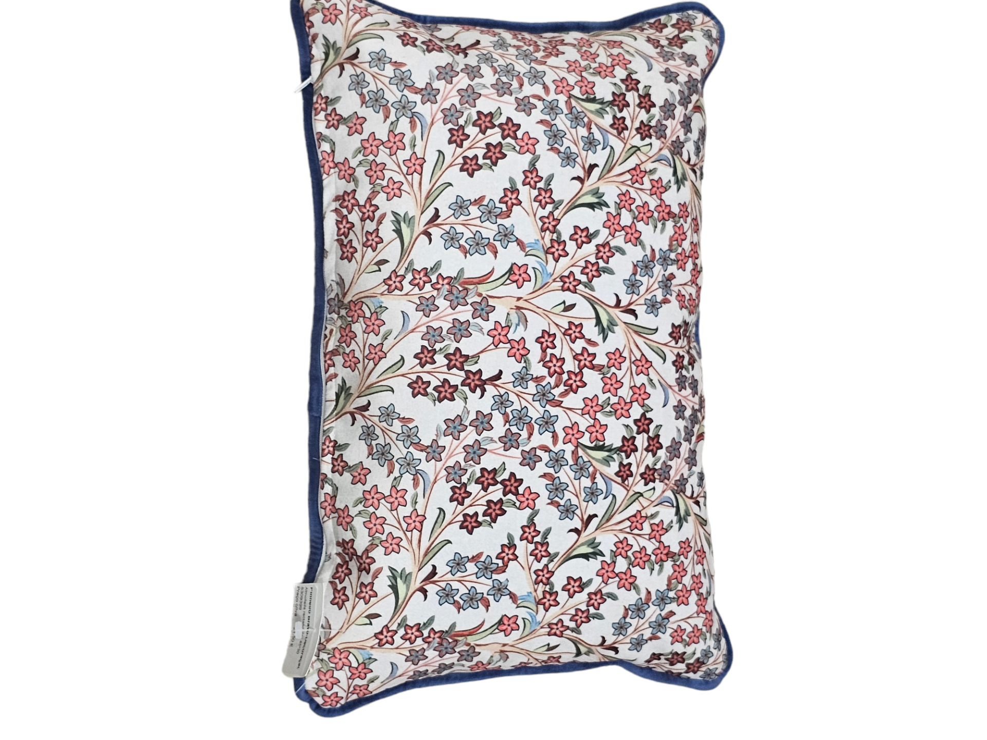 Almofada retangular com padrão floral vermelho e azul com bordas azuis