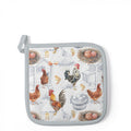 Pega de cozinha com padrão de galinhas, ovos e ninhos em fundo branco