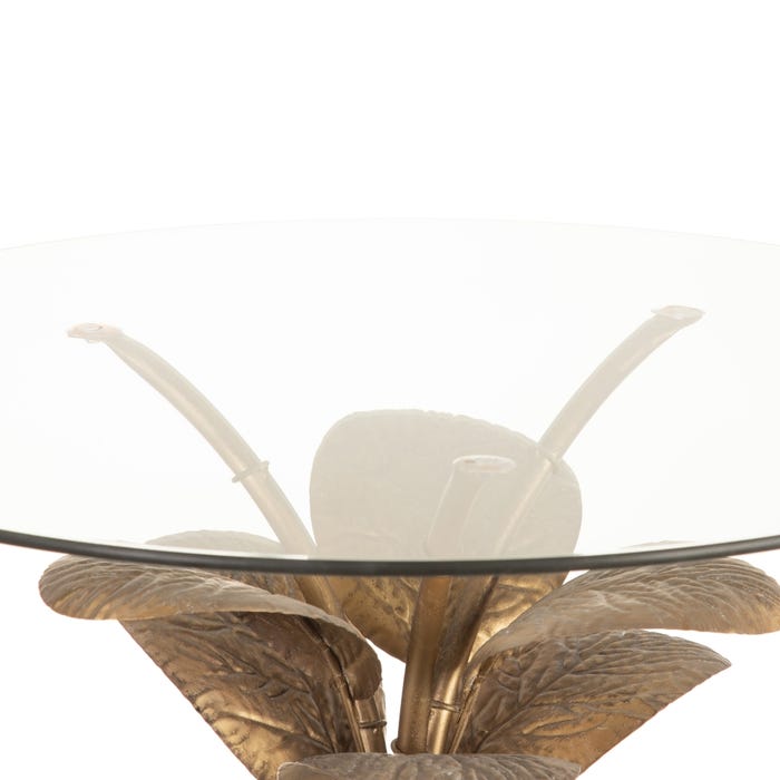 Mesa com tampo de vidro e base de folhas douradas