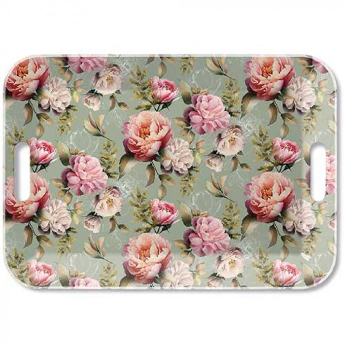 Tabuleiro plástico com padrão floral e pegas nas laterais