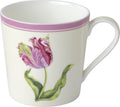 Caneca branca de porcelana com borda rosa e tulipa rosa pintada