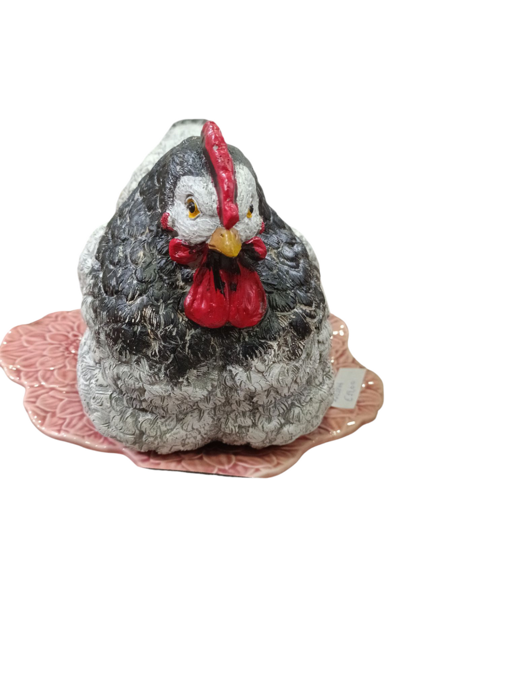 Escultura cerâmica de galinha cinzenta e branca com base rosa